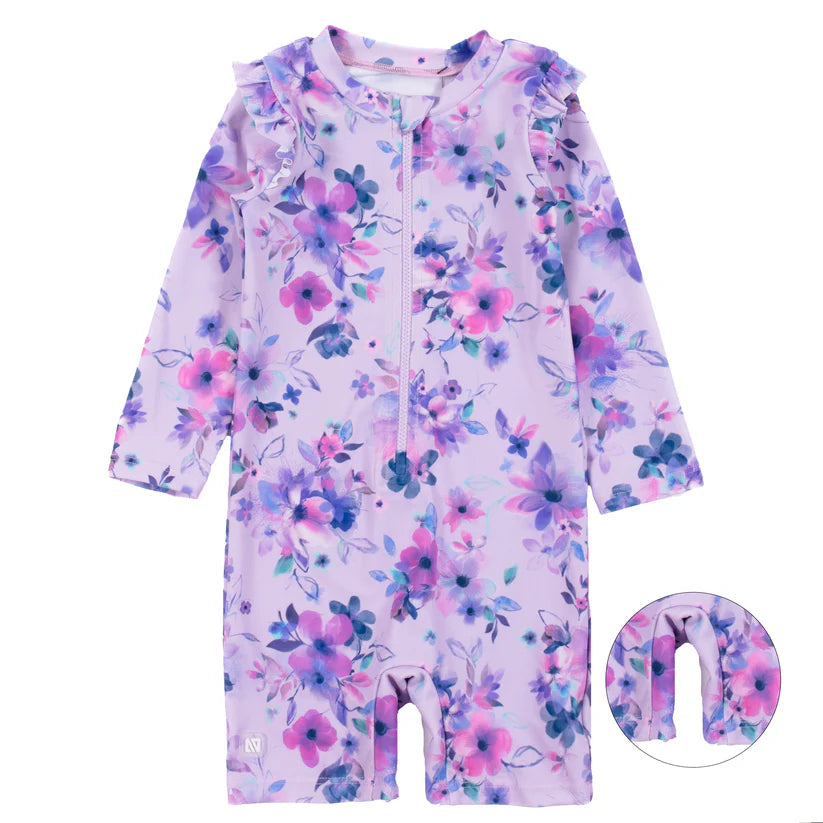 Maillot de bain - Nanö combinaison à manches longues lilas avec motifs floraux violets et roses pour bébé fille vue de face