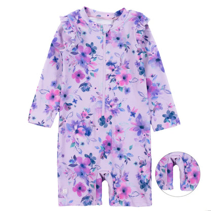 Maillot de bain - Nanö combinaison à manches longues lilas avec motifs floraux violets et roses pour bébé fille vue de face