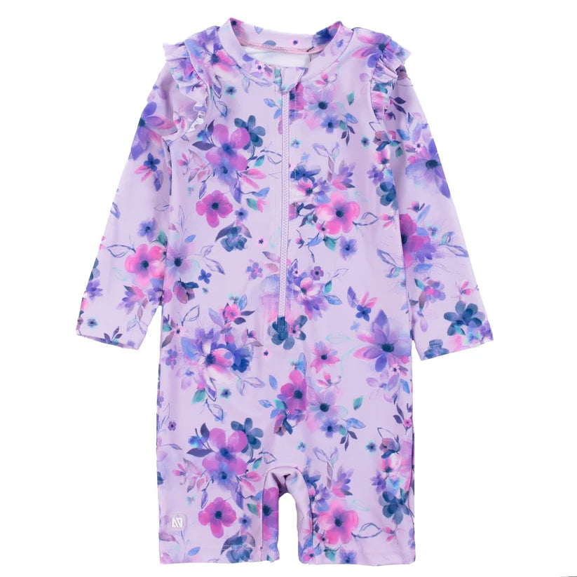 Maillot de bain - Nanö combinaison imprimée fleurie violette et rose manches longues avec volants pour bébé fille vue de face