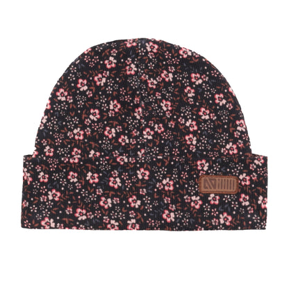 Tuque Mi-Saison - Nanö noire à imprimé floral rose et blanc, jersey doux, écusson en faux cuir, vue de face.
