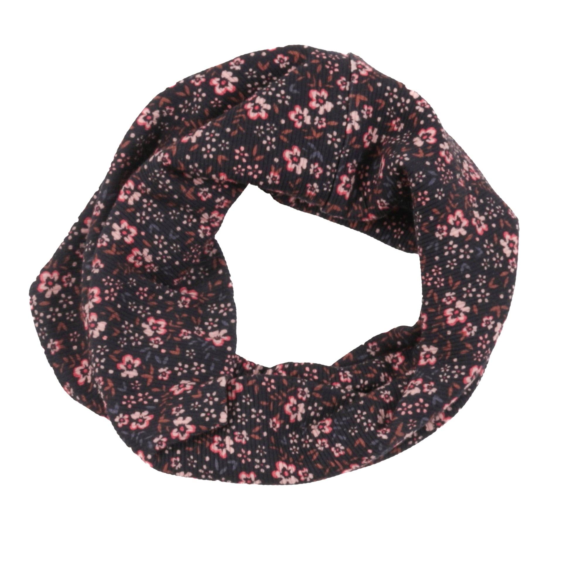 Cache-cou en jersey - Nanö noir imprimé floral rose et beige, double épaisseur en coton extensible, vue détaillée circulaire.