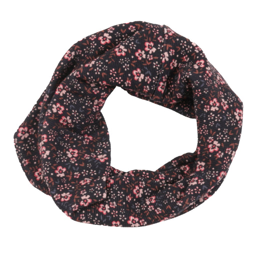 Cache-cou en jersey - Nanö noir imprimé floral rose et beige, double épaisseur en coton extensible, vue détaillée circulaire.