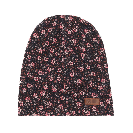 Tuque Mi-Saison - Nanö en jersey extensible noir à imprimé floral rose et orange, détail écusson en faux cuir, vue de face