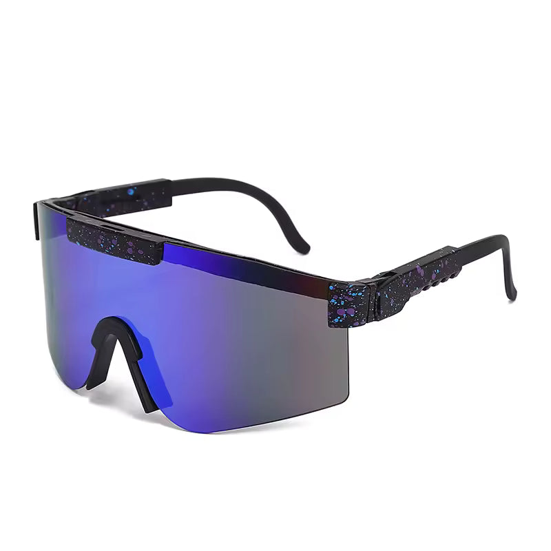 Lunettes de soleil - Kids Windshield avec verre miroir bleu, monture noire et touches colorées, style moderne enfant, vue de face.