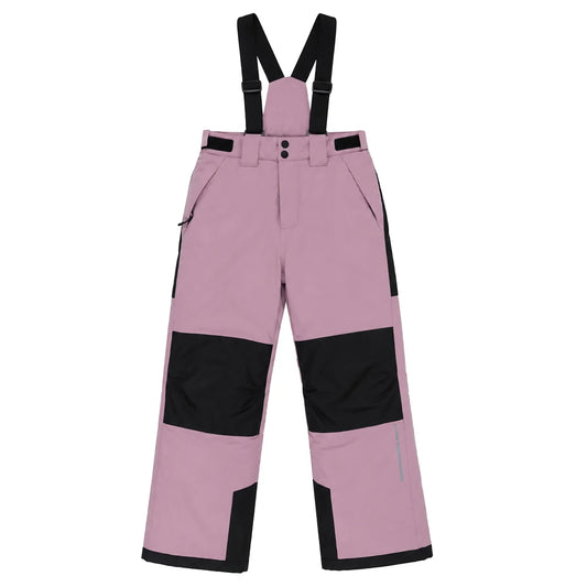 Salopette de neige - Snö rose et noire à bretelles pour enfant avec renforts aux genoux vue de face