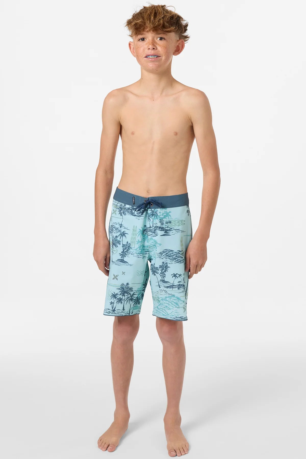 Maillot de bain - O'Neill, boardshort garçon bleu clair à motifs palmier, taille fixe, vue de face portrait