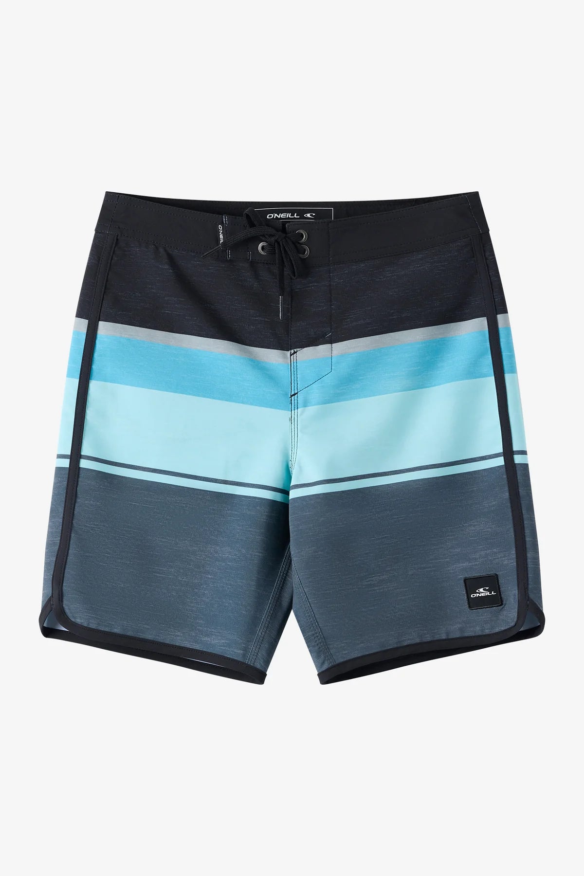 Maillot de bain - O'Neill, boardshort garçon noir et bleu à rayures, taille fixe, vue de face, dimensions 1200x1800, portrait