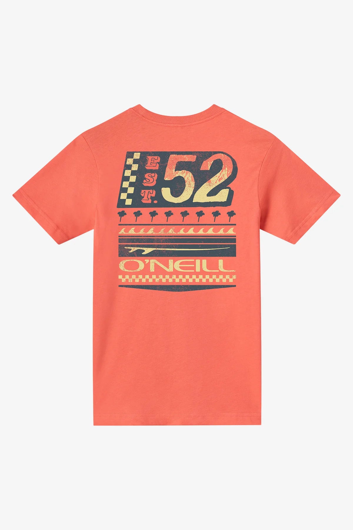T-Shirt - O'Neill orange en coton avec imprimé rétro jaune et noir, vue de dos, dimensions 1200x1800 portrait, galerie 2
