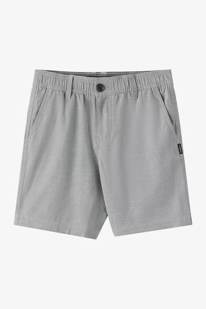 Short - O'neill gris clair en tissu léger, style décontracté, taille élastiquée avec bouton, vue de face.