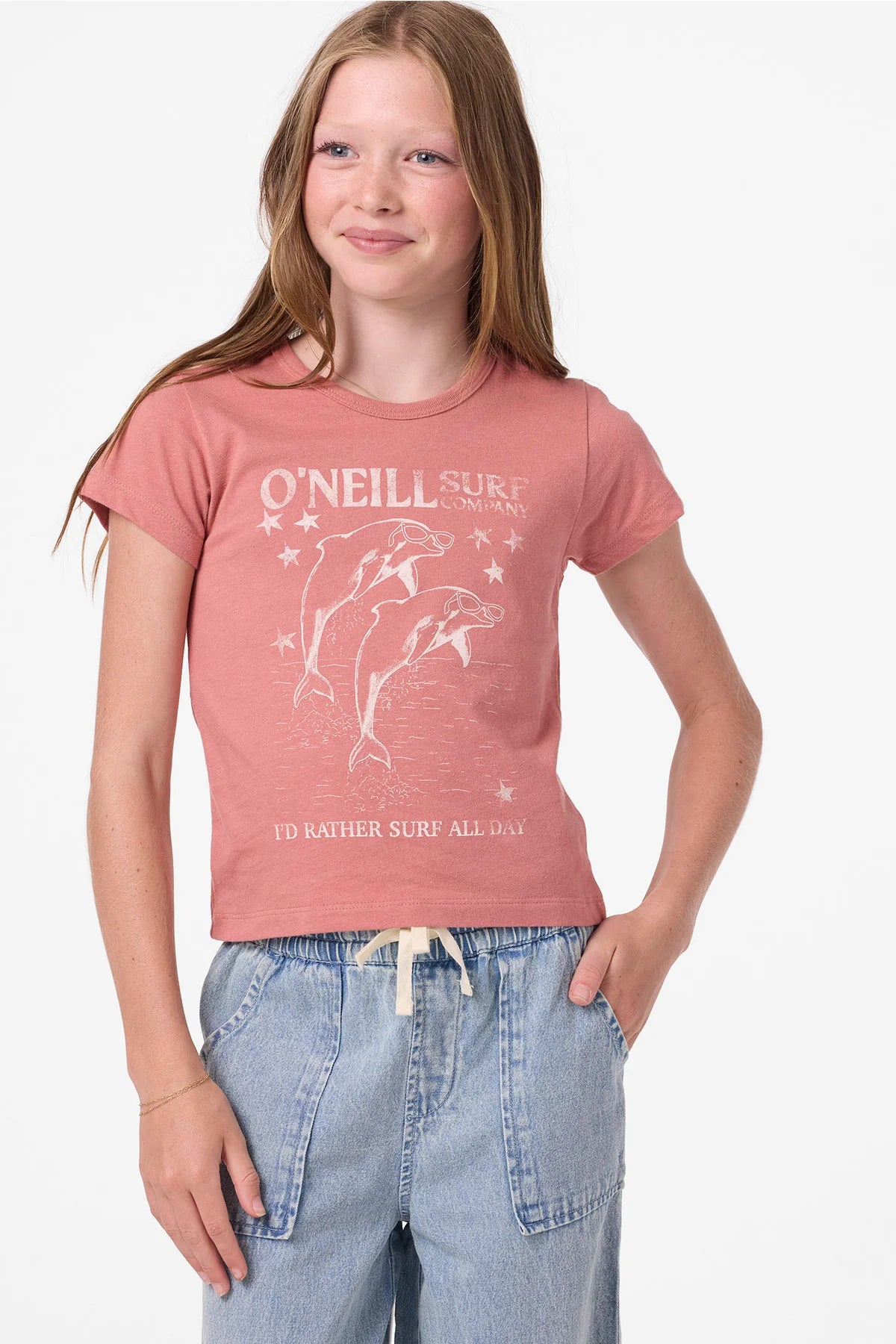 T-Shirt - O'Neill rose en coton avec imprimé dauphins blanc, pour fille, vue de face en portrait 1200x1800 pixel