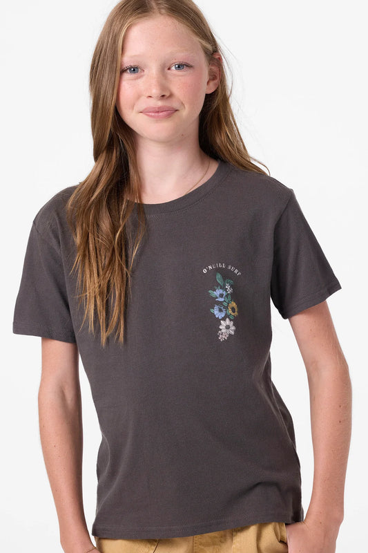 T-Shirt - O'Neill gris foncé en coton avec motif floral bleu et jaune, pour enfant fille, vue de face portrait.