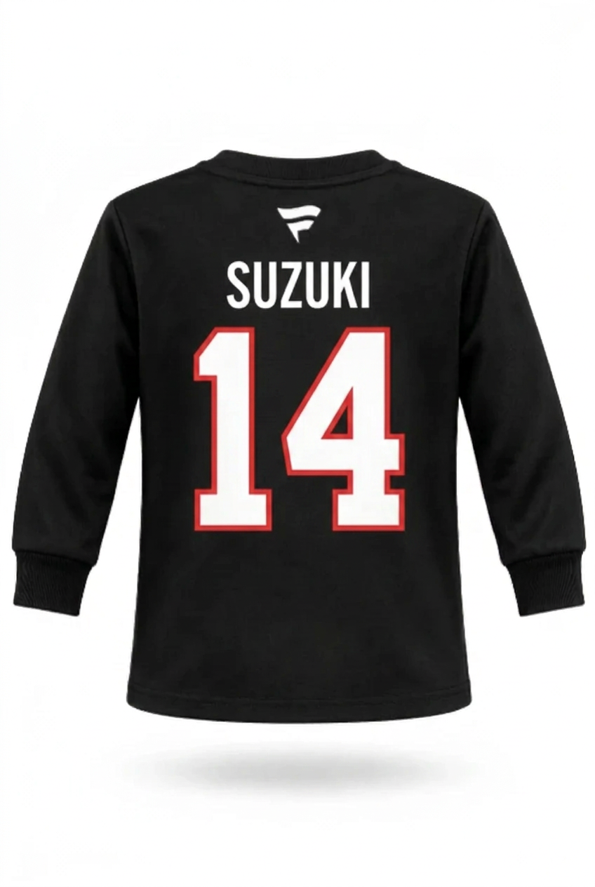 Chandail Suzuki noir à manches longues avec inscription Suzuki et numéro 14 blanc bordé de rouge vue de dos