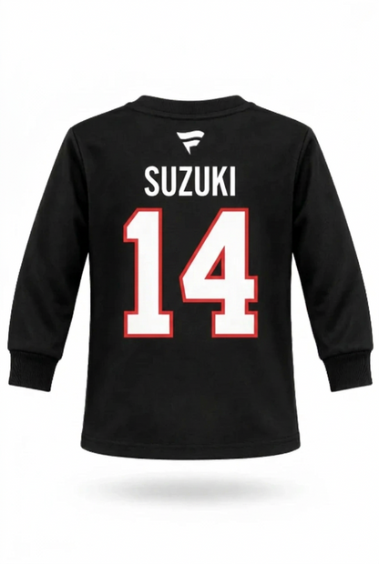 Chandail Suzuki noir à manches longues avec inscription Suzuki et numéro 14 blanc bordé de rouge vue de dos