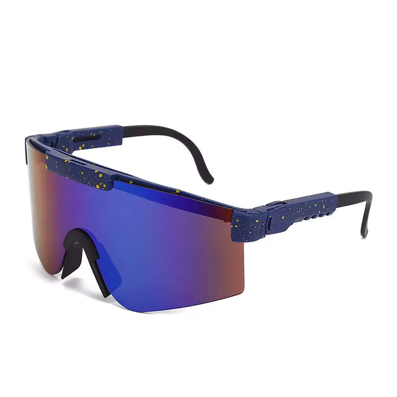 Lunettes de soleil - Kids Windshield verres miroir bleus avec monture bleu foncé à éclats jaunes, pour enfant, vue de trois quarts.