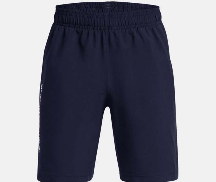Short UA Tech™ Woven Wordmark - Under Armour, short de sport bleu marine en polyester, vue de face, taille adulte.