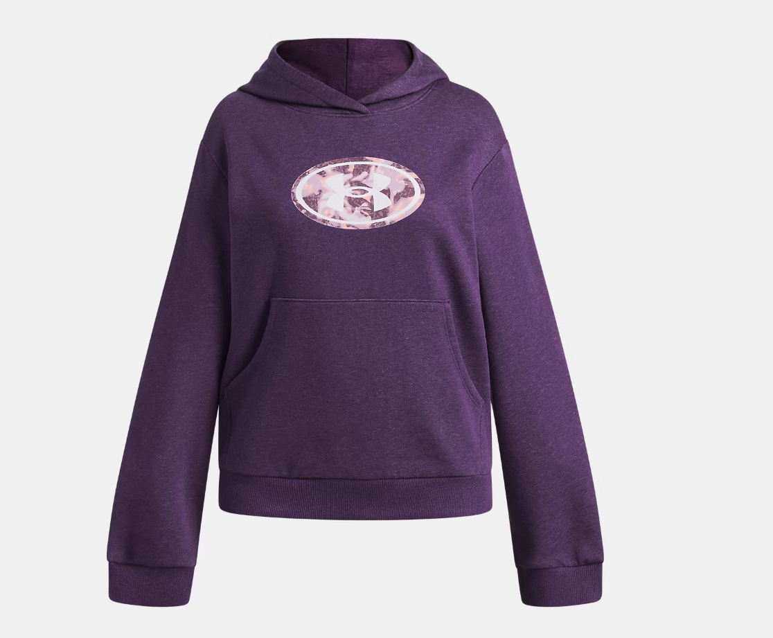 Hoodie UA Big Logo Print Fill - Under Armour violet avec capuche et logo ovale blanc et rose imprimé sur le devant, en tissu molletonné, vue de face.