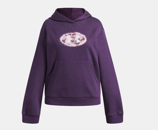 Hoodie UA Big Logo Print Fill - Under Armour violet avec capuche et logo ovale blanc et rose imprimé sur le devant, en tissu molletonné, vue de face.