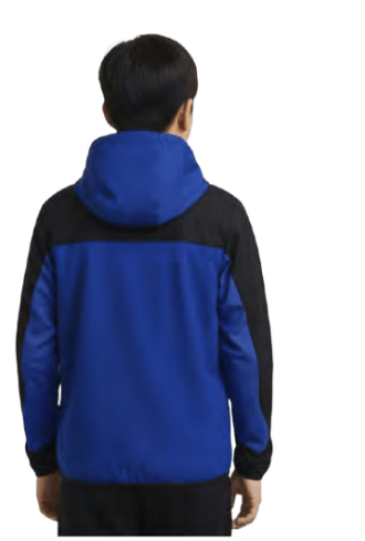 Manteau Mi-Saison - Under Armour bleu et noir, coupe à capuche, matière technique, porté par garçon, vue de dos.