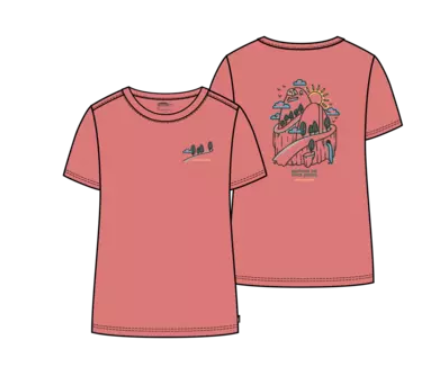 T-Shirt - Chlorophylle rose corail en polyester avec motifs nature bleus et noirs, pour enfant, vues de face et dos.