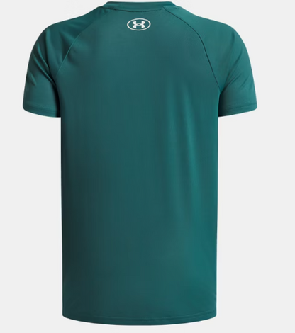 T-Shirt UA Tech™ 2.0 - Under Armour bleu pétrole en polyester, matière sèche rapidement, vue de dos, porté enfant garçon.