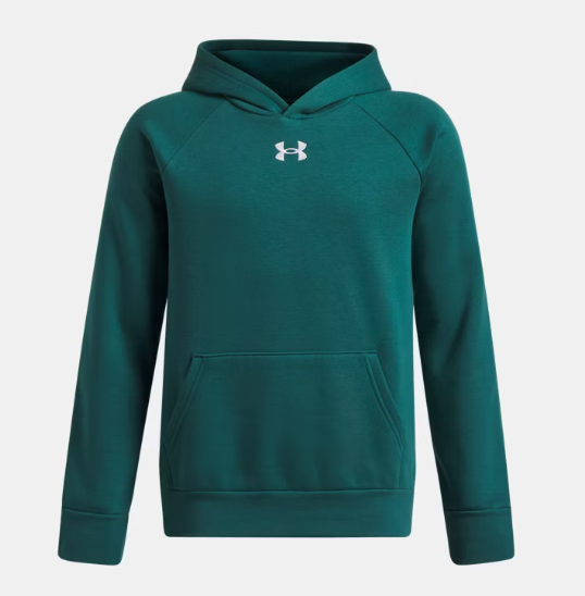 Hoodie UA Rival Fleece - Under Armour vert foncé en coton-polyester, capuche, poche kangourou, vue de face enfant garçon