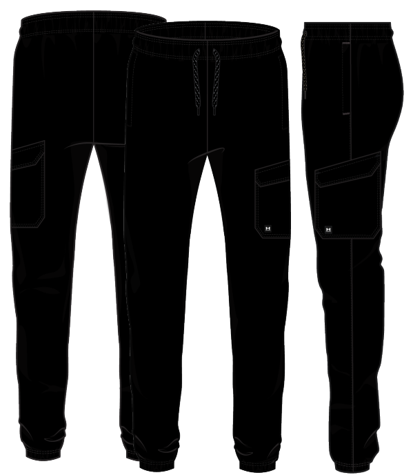 Pantalon - Under Armour noir en tissu technique, style jogging avec poches latérales, vue de face, dos et profil.