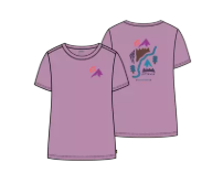 T-Shirt - Chlorophylle violet en polyester avec motifs graphiques colorés, coupe droite, vue de face et dos sur fond blanc.