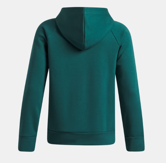 Hoodie UA Rival Fleece - Under Armour vert émeraude en molleton, vue de dos, pour enfant, capuche intégrée, poignets et ourlet côtelés.
