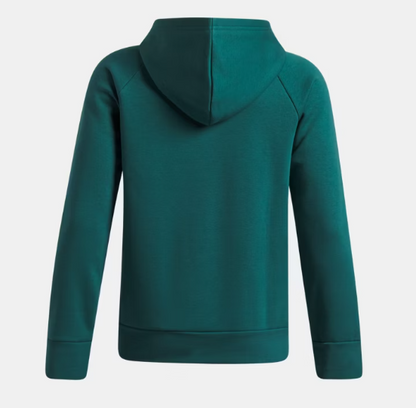 Hoodie UA Rival Fleece - Under Armour vert émeraude en molleton, vue de dos, pour enfant, capuche intégrée, poignets et ourlet côtelés.