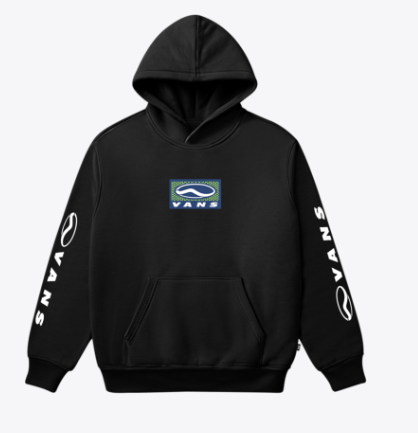 Hoodie - Vans noir à capuche en coton polyester avec logo bleu et blanc, manches longues, vue de face portée.Depuis homme