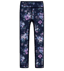 Legging - Nanö bleu marine avec motifs floraux violets et roses, en tissu extensible, pour enfant, vue de face.