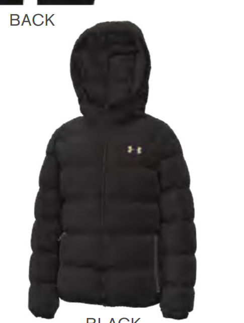 Manteau Mi-Saison - Under Armour noir matelassé avec capuche, isolant rembourré, pour enfant, vue de dos.