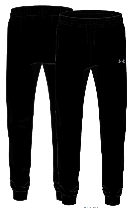 Pantalon - Under Armour noir en tissu technique, style jogging avec taille élastique et poignets ajustés, vue de face et dos.