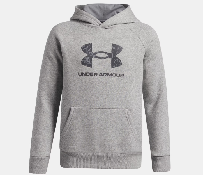 Hoodie UA Rival Fleece - Under Armour gris clair avec logo noir, capuche et poche kangourou, vue de face enfant garçon