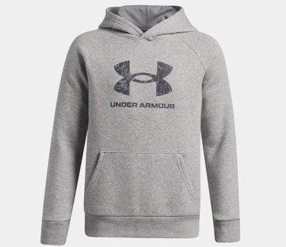Hoodie UA Rival Fleece - Under Armour gris clair avec logo noir, capuche et poche kangourou, vue de face enfant garçon
