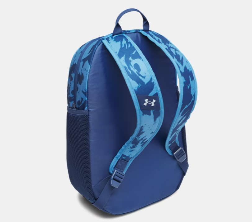Sac à dos UA Hustle Sport 6.0 - Under Armour bleu avec bretelles matelassées et motifs camouflage bleu clair, vue de dos.