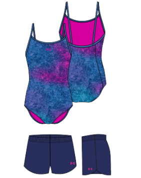Maillot de bain - Under Armour une pièce bleu et violet, doublure fuchsia, pour enfant fille, vue de face et dos, short bleu marine assorti.