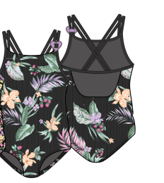 Maillot de bain - Mandarine & Co une pièce noir à rayures avec motifs floraux verts, roses et beige, dos croisé, enfant, vue de face et dos