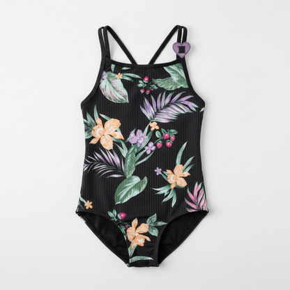 Maillot de bain - Mandarine & Co une pièce noir à rayures avec motifs floraux verts, roses et beige, dos croisé, enfant, vue de face et dos