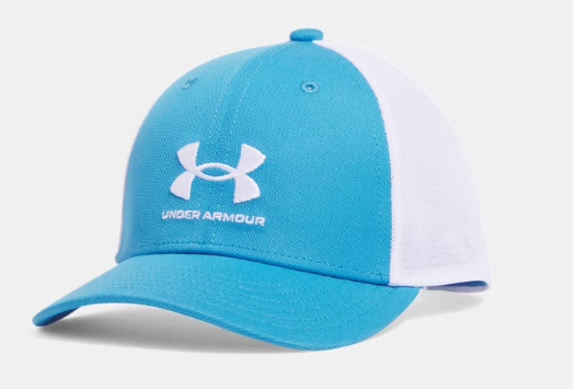 Casquette UA Essential Mid - Under Armour bleu ciel devant blanc en mesh ajustable, vue de trois quarts face