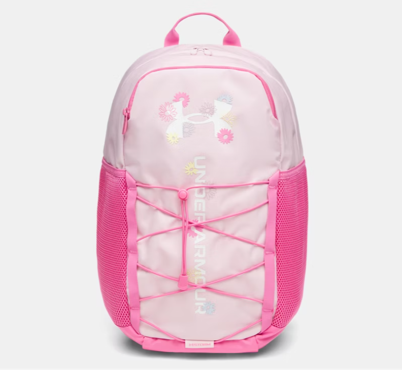 Sac à dos UA Hustle Sport 6.0 - Under Armour rose clair avec logo floral multicolore, détails rose vif et poches en maille, vue de face.