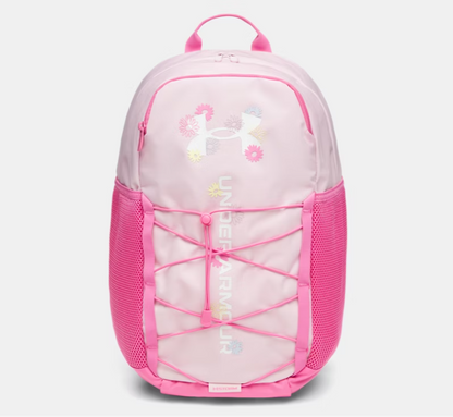 Sac à dos UA Hustle Sport 6.0 - Under Armour rose clair avec logo floral multicolore, détails rose vif et poches en maille, vue de face.