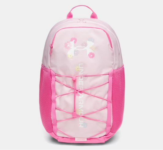 Sac à dos UA Hustle Sport 6.0 - Under Armour rose clair avec logo floral multicolore, détails rose vif et poches en maille, vue de face.