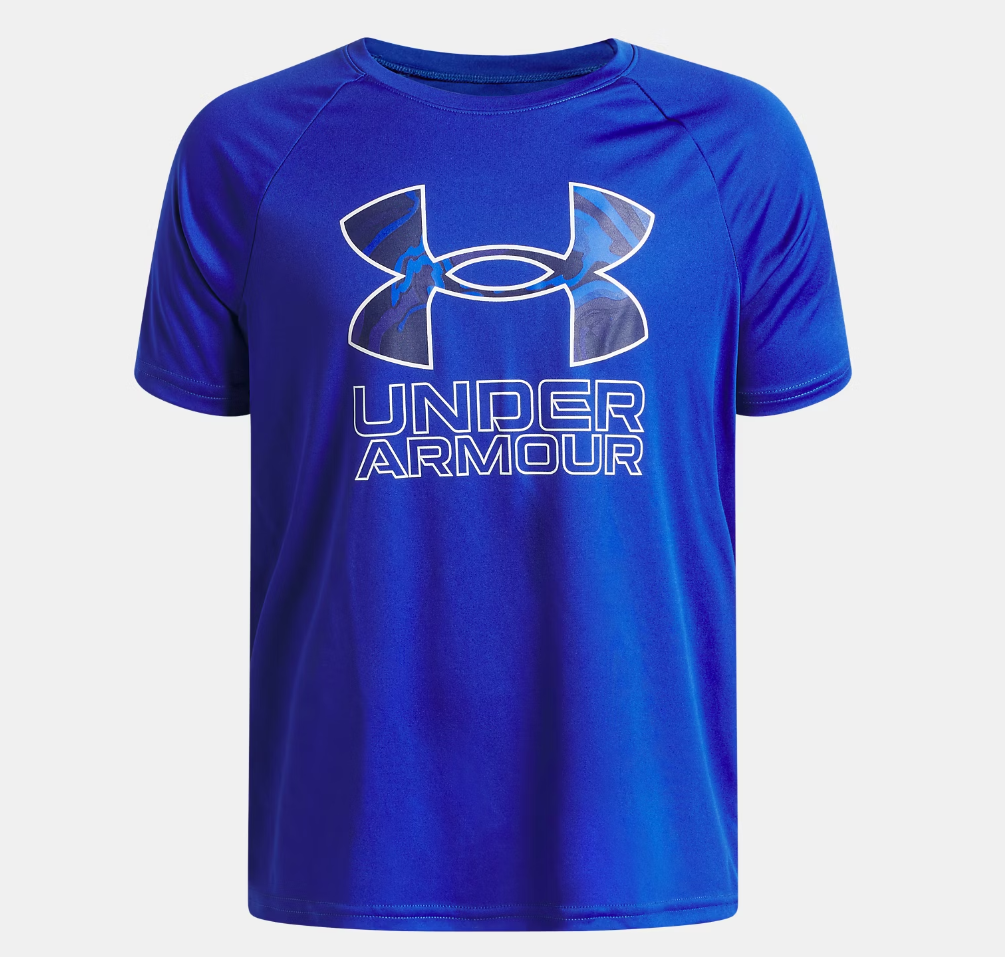 T-Shirt UA Tech™ Hybrid Print - Under Armour bleu royal avec logo camouflage gris et bleu, manches courtes, en tissu technique, vue de face.