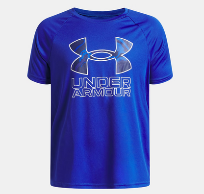 T-Shirt UA Tech™ Hybrid Print - Under Armour bleu royal avec logo camouflage gris et bleu, manches courtes, en tissu technique, vue de face.
