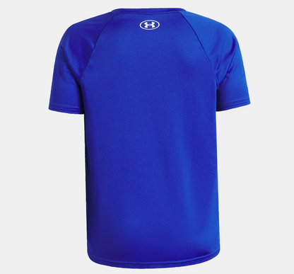 T-Shirt UA Tech™ Hybrid Print - Under Armour bleu électrique en polyester, vue de dos, style sport pour enfant.