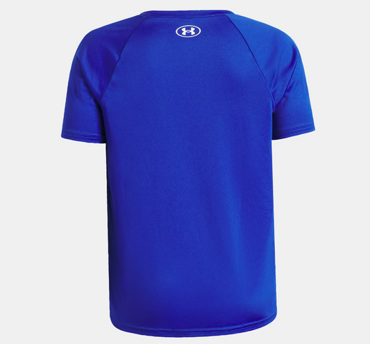 T-Shirt UA Tech™ Hybrid Print - Under Armour bleu électrique en polyester, vue de dos, style sport pour enfant.