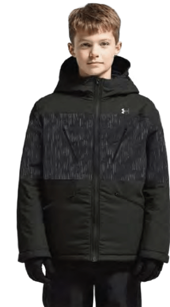 Manteau d'hiver - Under Armour noir avec motifs gris foncé, style zippé à capuche, pour garçon, vue de face porté sur mannequin.