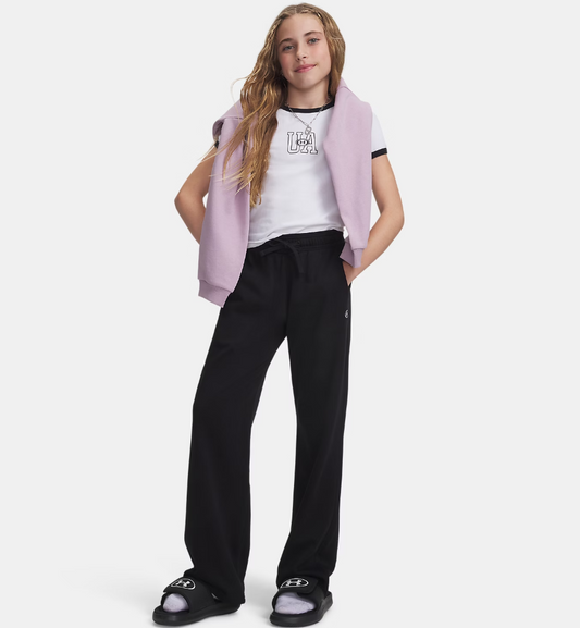Fille portant un Pantalon UA Rival Fleece - Under Armour noir en tissu molletonné, vue de face, style décontracté, âge enfant.