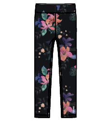Legging - Nanö noir avec motifs floraux roses, violets et verts, pour enfant, vue de face, tissu extensible.